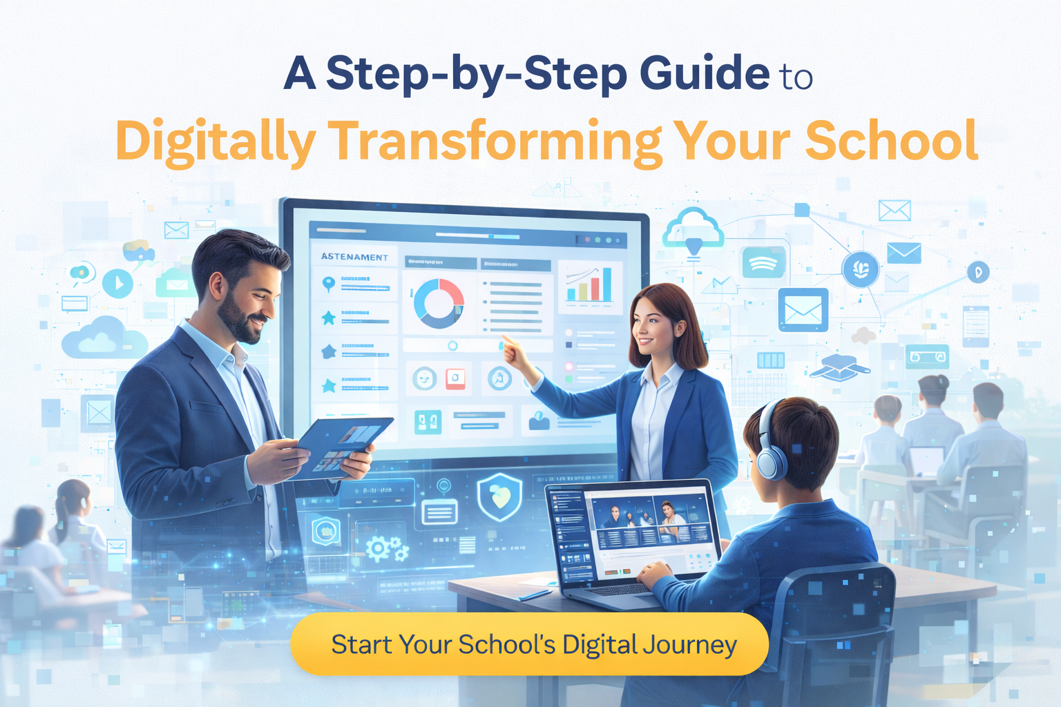 Illustration of a digitally transformed school environment showing smart classrooms, cloud-based school management systems, online learning tools, and connected teachers and students using modern technology.