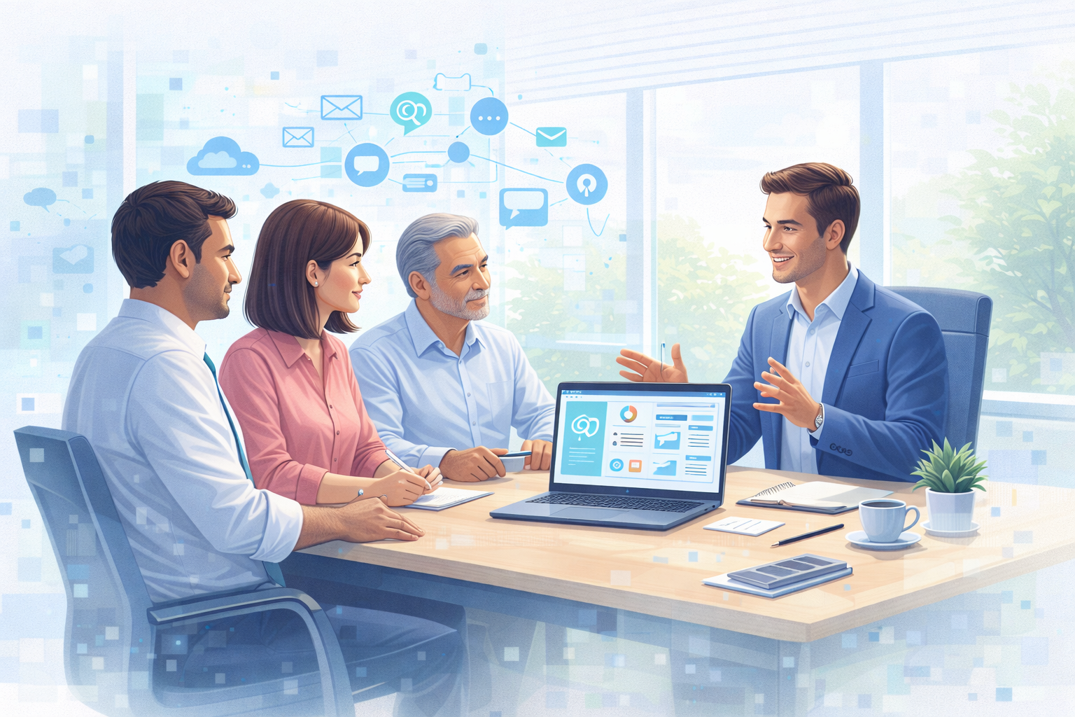 School administrators and educators discussing digital transformation strategies using a laptop with school management software dashboards in a modern office setting.