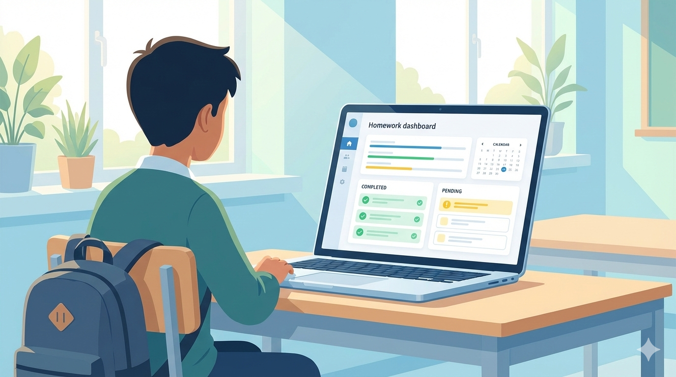 Student using a digital homework system on a laptop displaying assignment deadlines, progress tracking, and completed tasks in a modern classroom setting.
