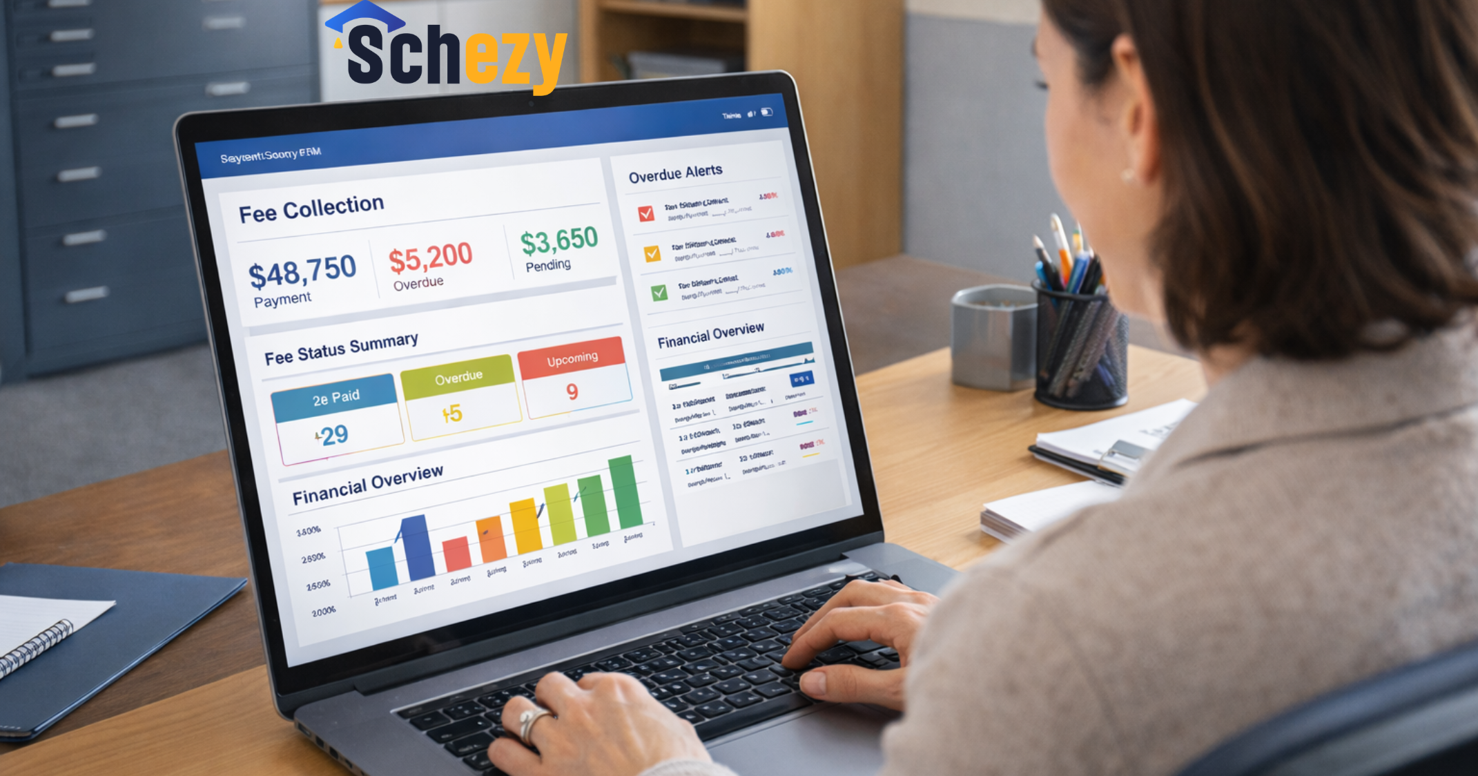 Administrator managing automated fee collection through school ERP software