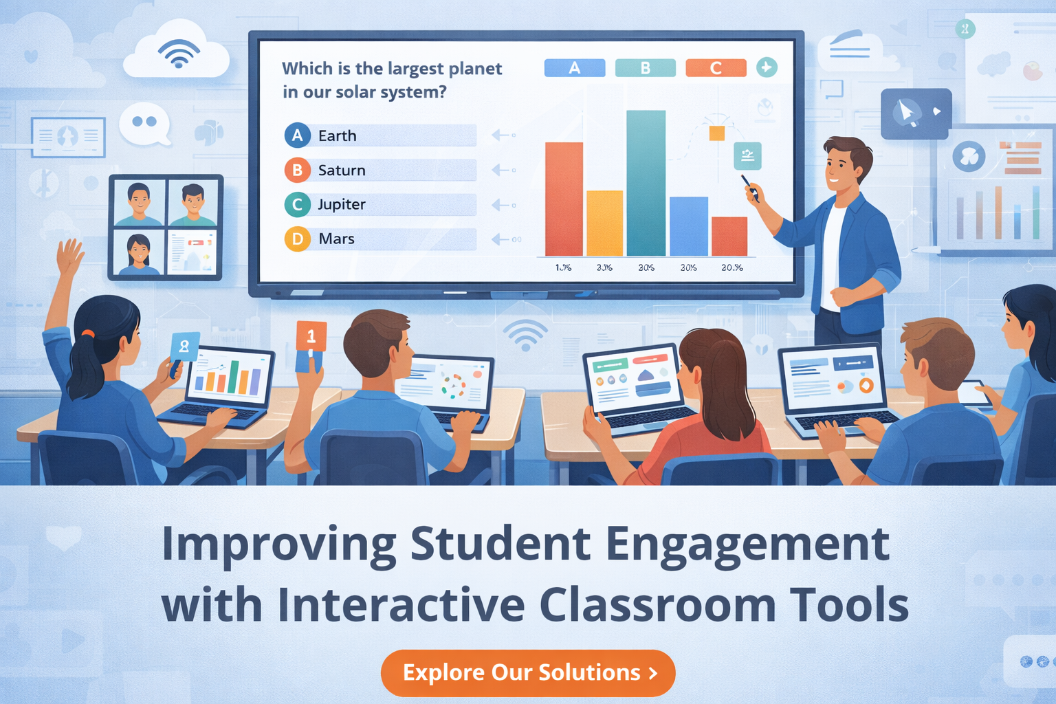 “Students participating in a live digital quiz and collaborative brainstorming session using interactive classroom technology.”