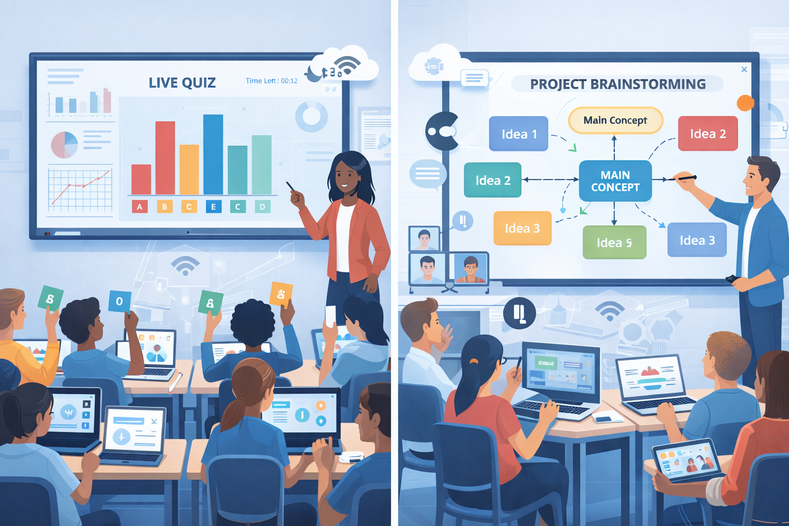“Teacher leading a real-time interactive quiz on a smart board while students use laptops to participate in class.”