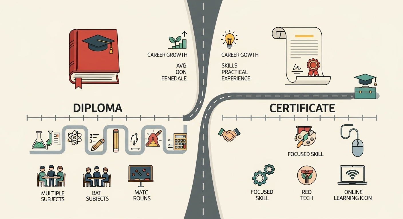 Diploma vs Certificate courses infographic showing career paths, skill development, and program differences