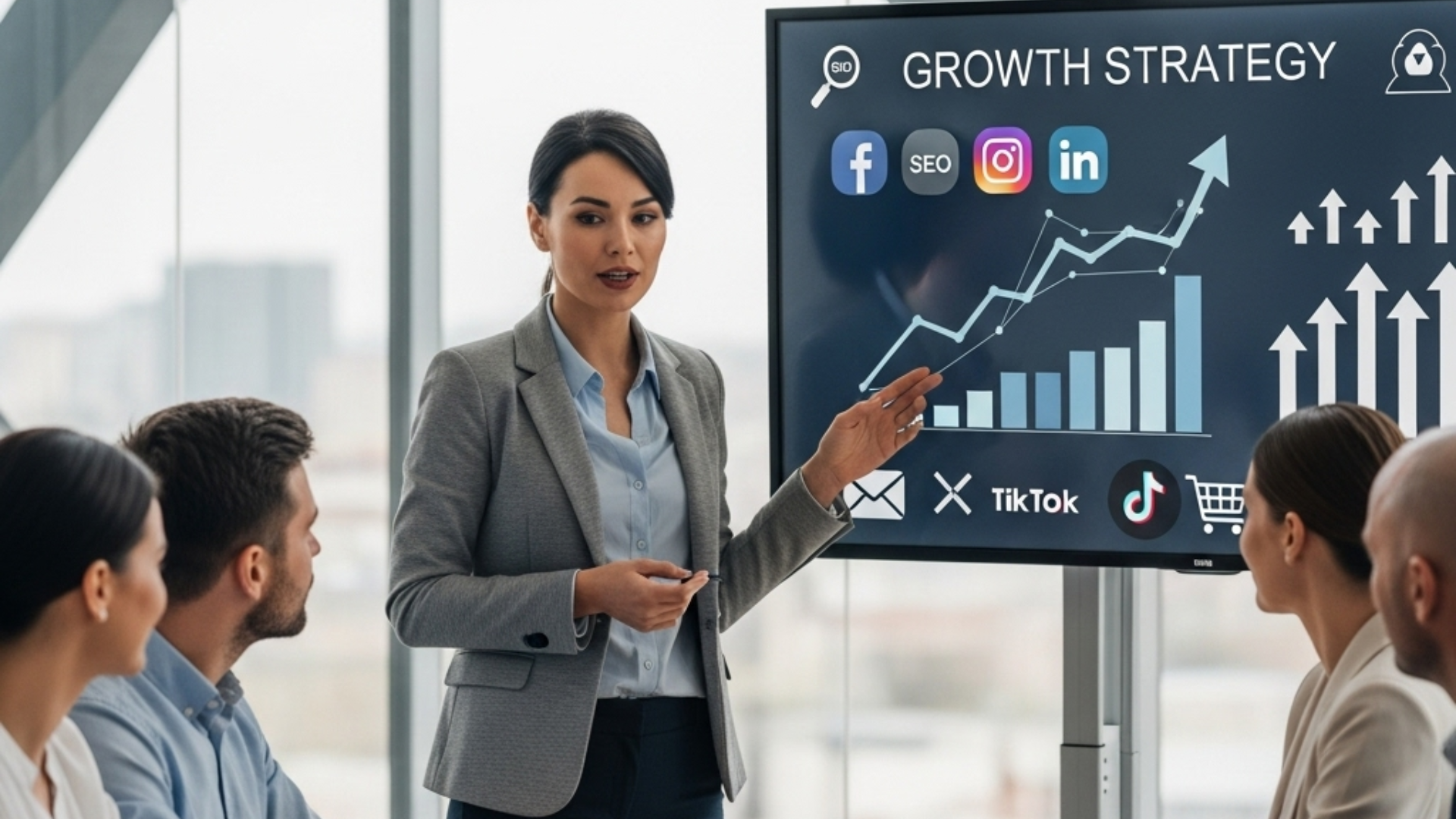 Fractional CMO presenting growth strategy to a small business team with charts, SEO and social media icons illustrating marketing leadership and business scaling