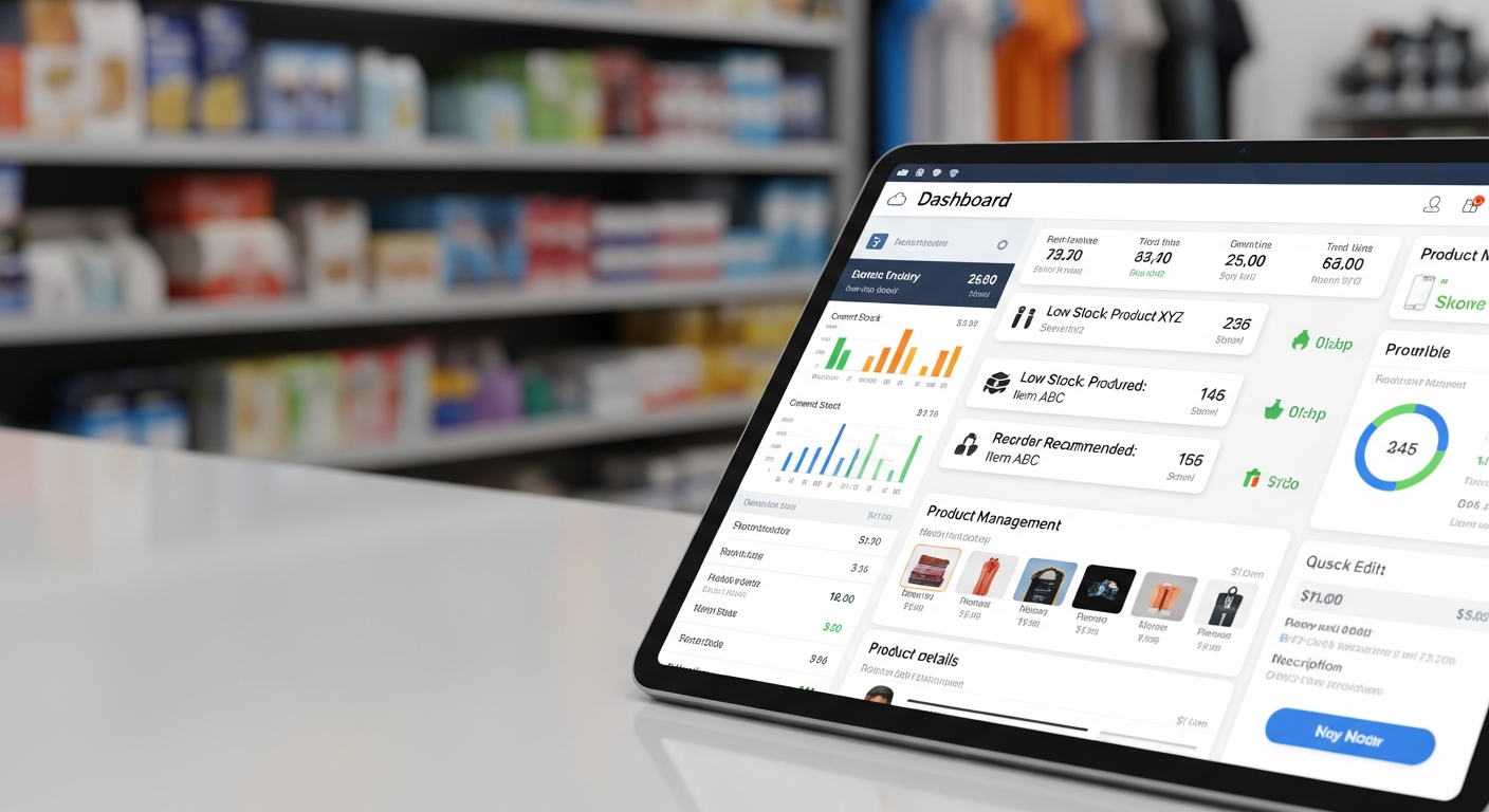 Cloud-based retail POS dashboard showing real-time inventory tracking, stock alerts, and product management on a tablet at a store counter.