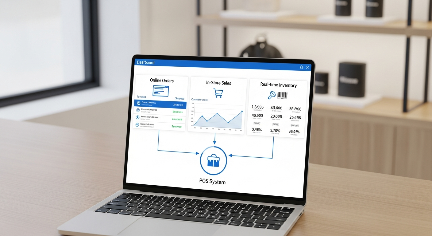 Omnichannel retail dashboard showing synced online orders, in-store sales, and real-time inventory through a cloud-based POS system.