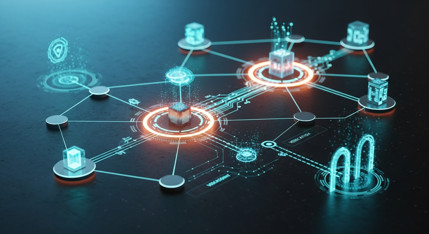 Illustration of a secure digital supply chain with interconnected nodes and protective layers representing third-party and AI vendor risk management.