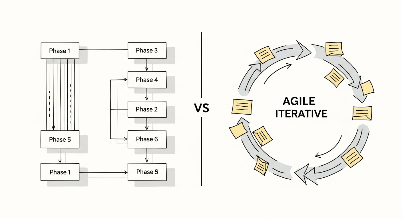 Illustration comparing waterfall’s linear workflow with agile’s iterative loop, showing rigid phases on one side and flexible cycles with sticky-note style elements on the other.
