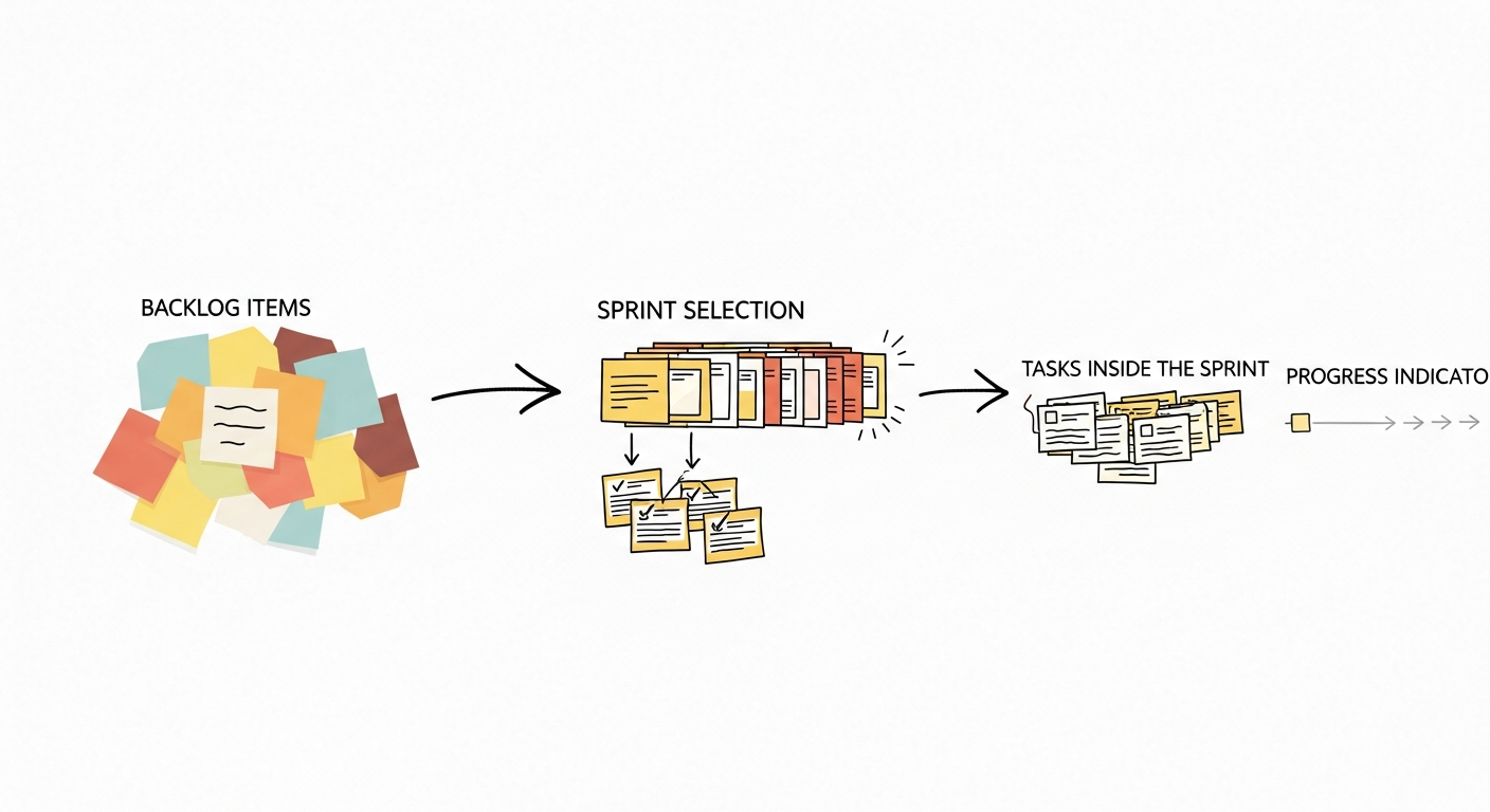 Illustration of a sprint planning workflow showing backlog items being selected, organized into a sprint, and broken into tasks, displayed as sticky-note style cards and simple arrows without text.