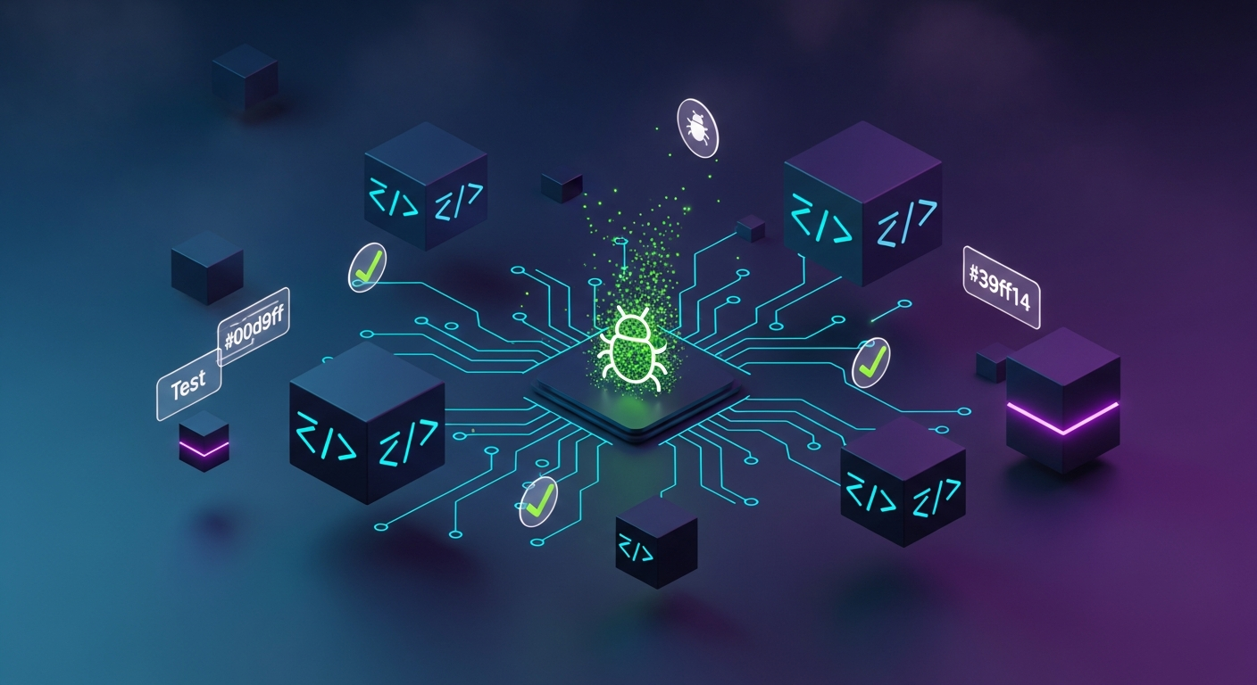 AI-powered software testing visual showing automated bug detection and code validation across a connected development system