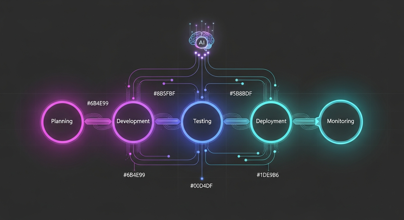 AI enhancing every stage of the software development lifecycle including planning, development, testing, deployment, and monitoring.