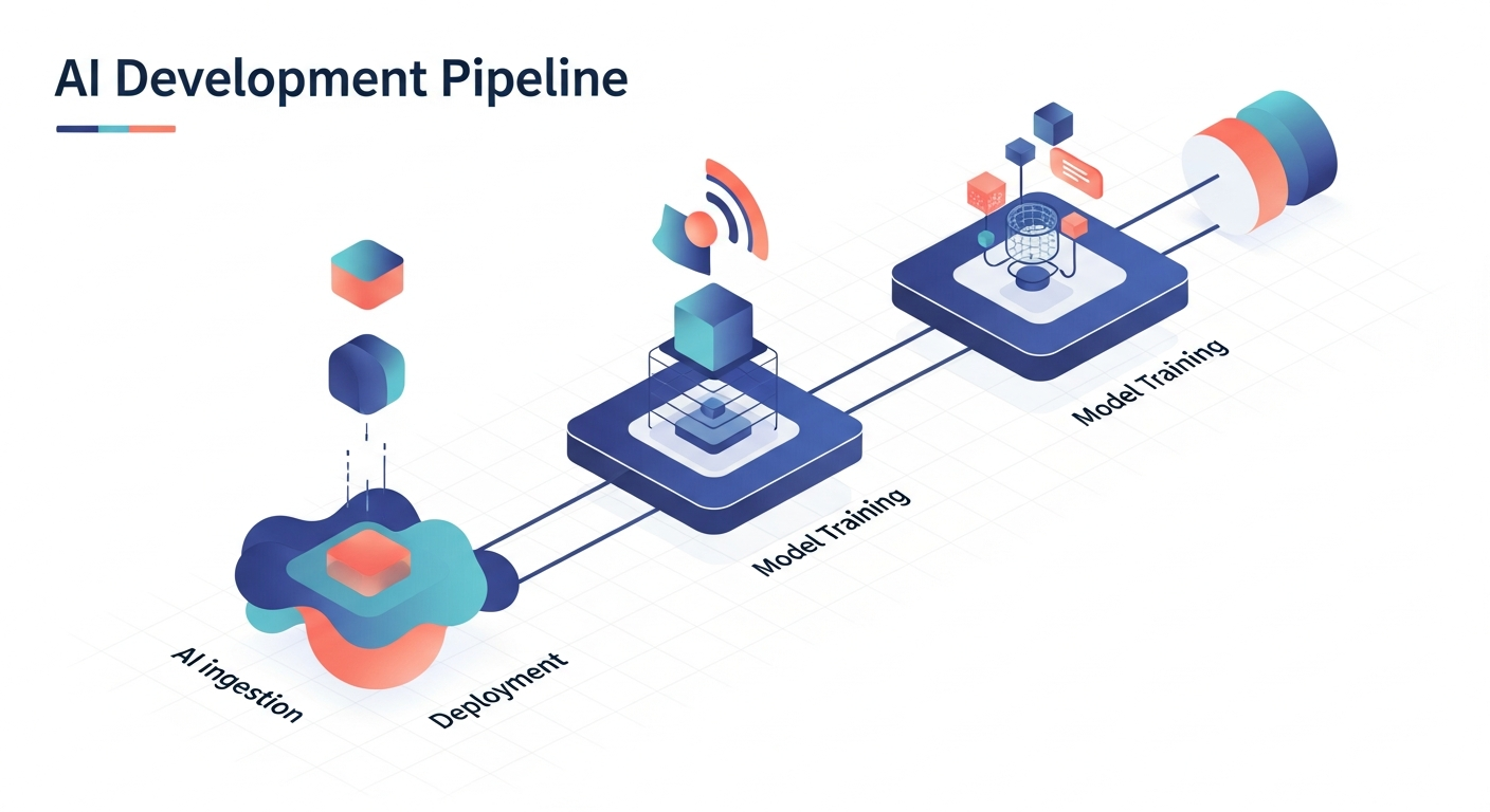 AI development process workflow diagram showing eight stages from data ingestion through model training to deployment and monitoring