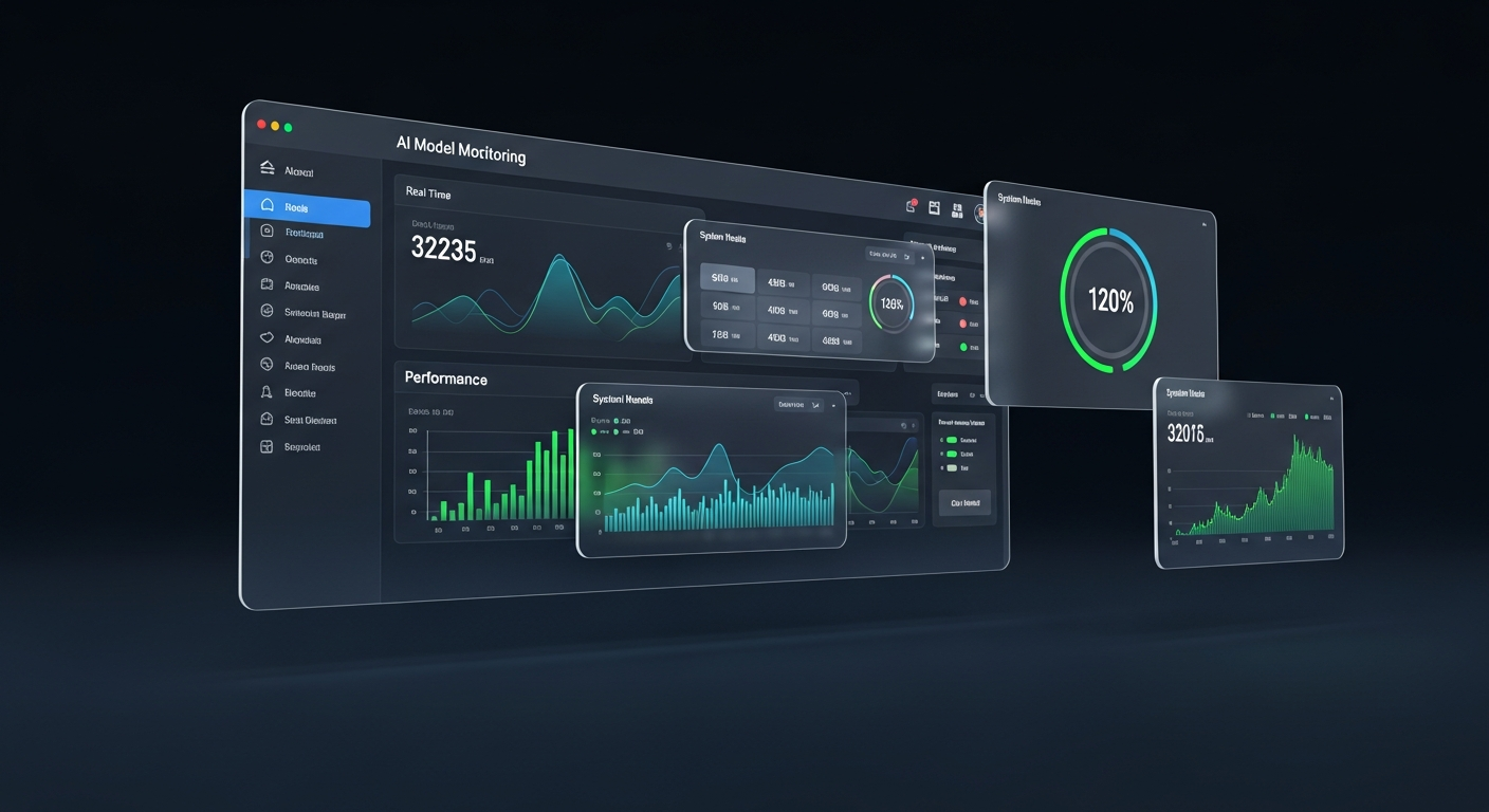 MLOps monitoring dashboard showing real-time AI model performance metrics, deployment status, and system health indicators