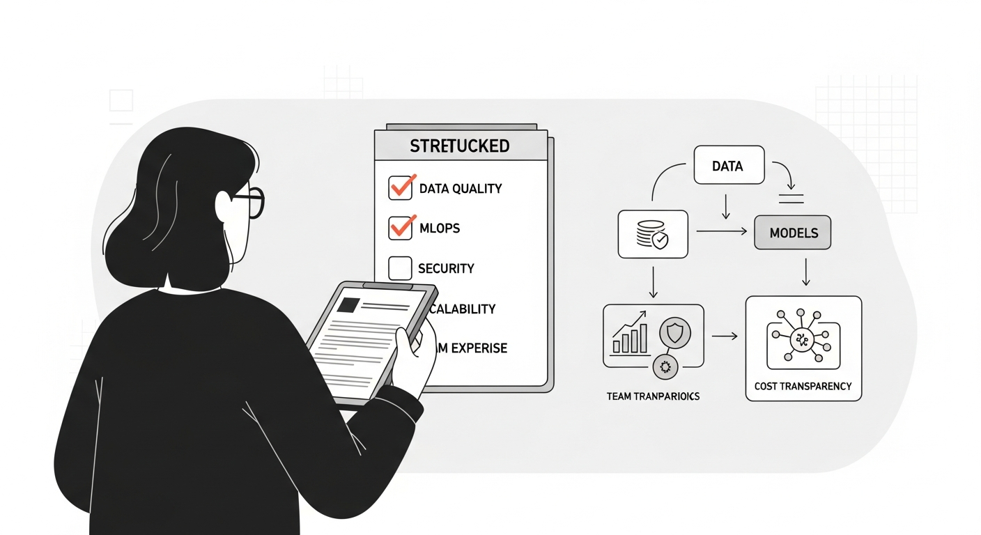 Illustration of a founder evaluating an AI development company using a checklist covering data quality, MLOps, security, scalability, team expertise, and costs.