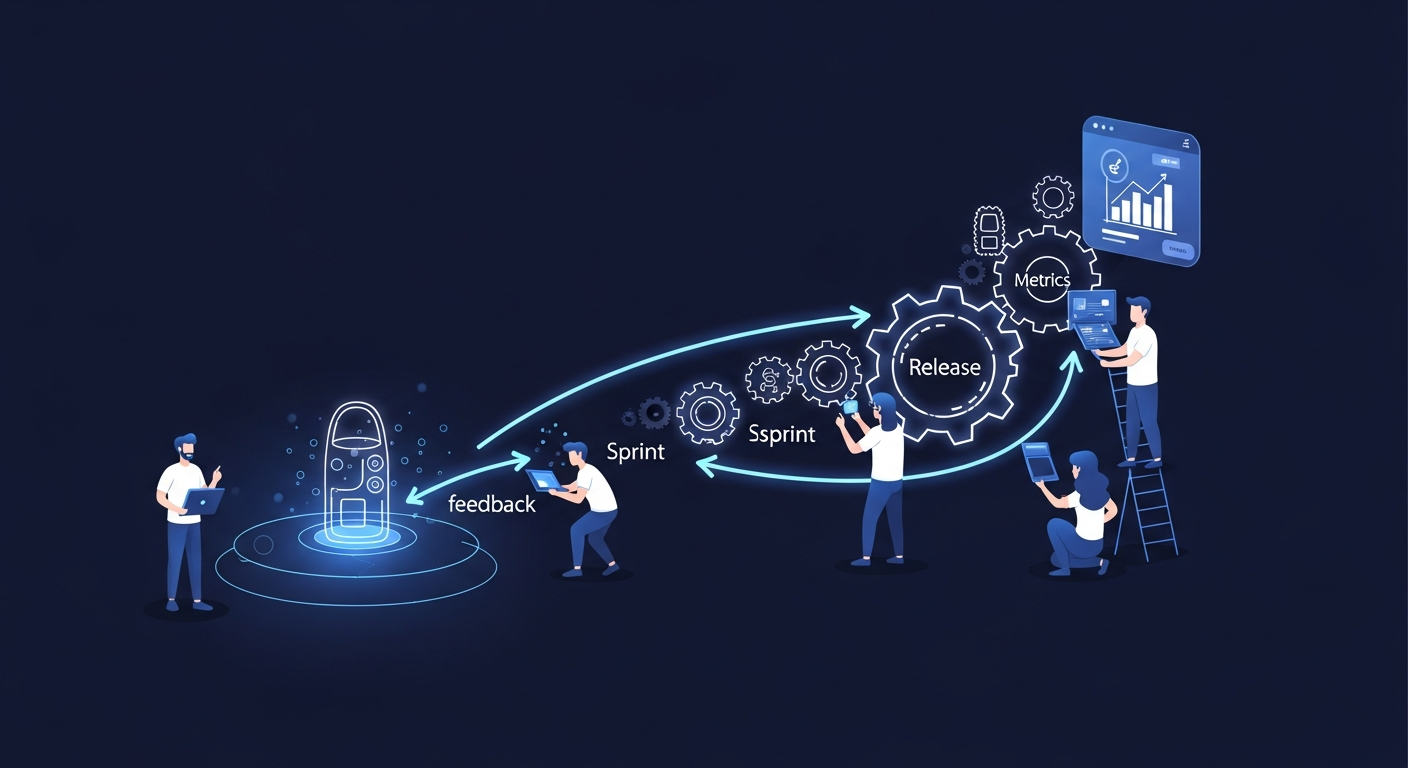 Creative visual of a startup team using the agile software development life cycle to iteratively build, test, and scale a digital product.