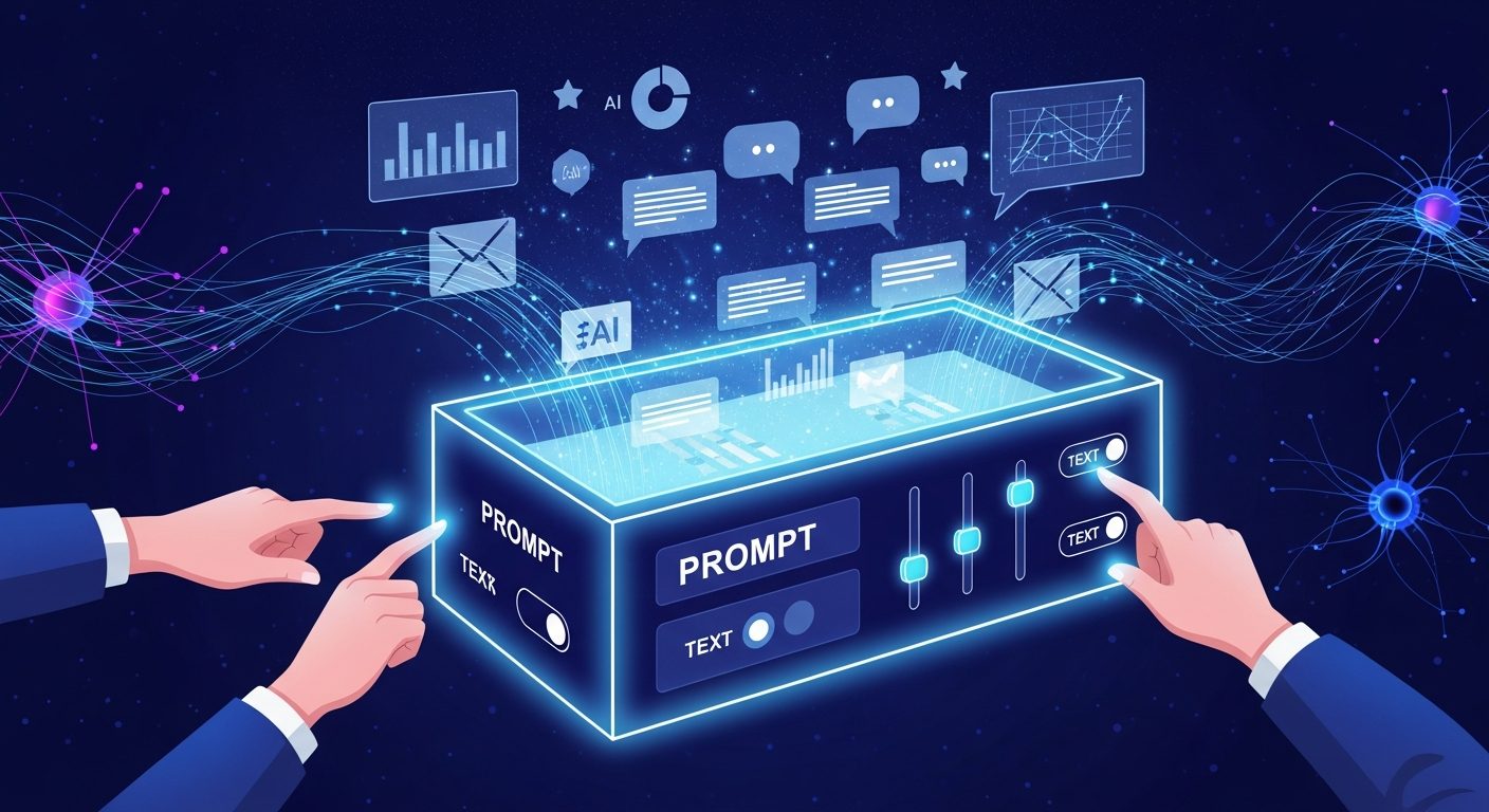 Human and AI collaborating through a prompt interface that generates structured outputs like code, charts, and workflows.