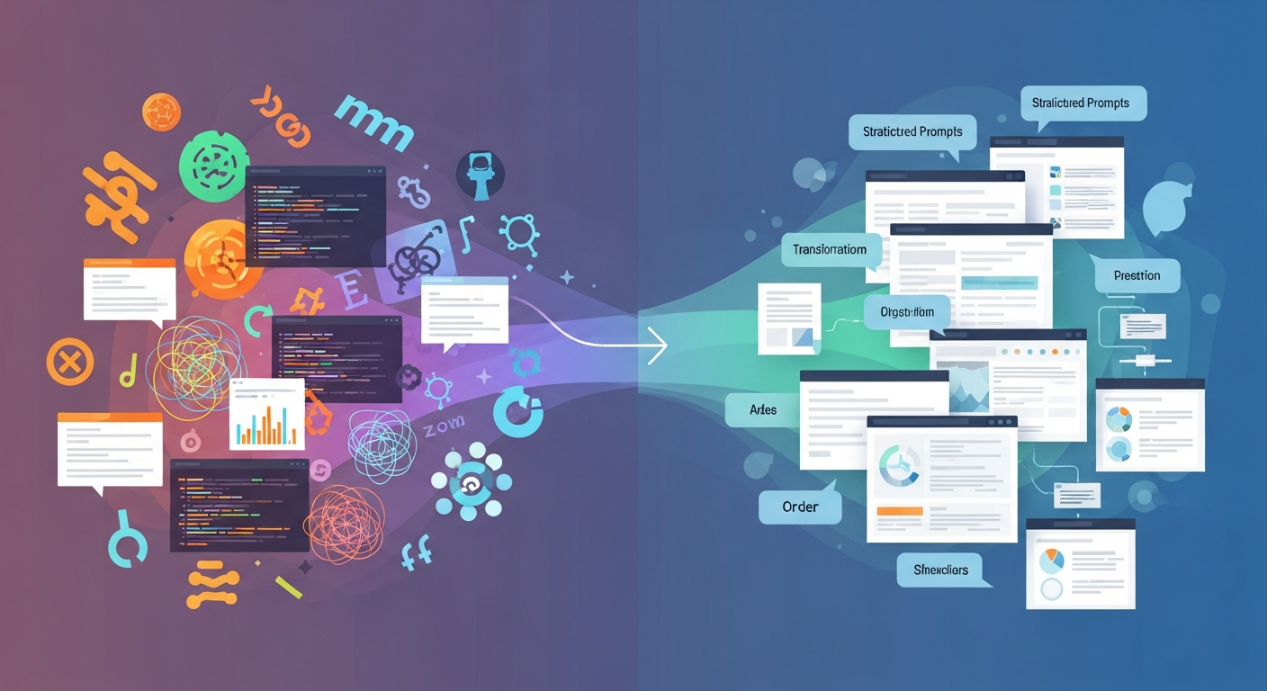 Visual transformation from chaotic AI outputs to structured results using prompt engineering best practices.