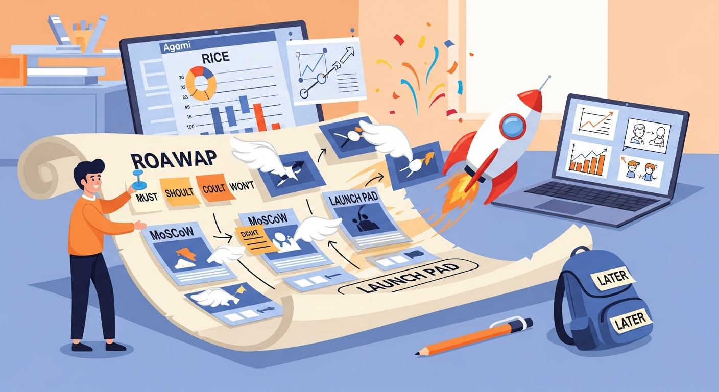 Cartoon founder roadmap pinning MoSCoW features to launch rocket.