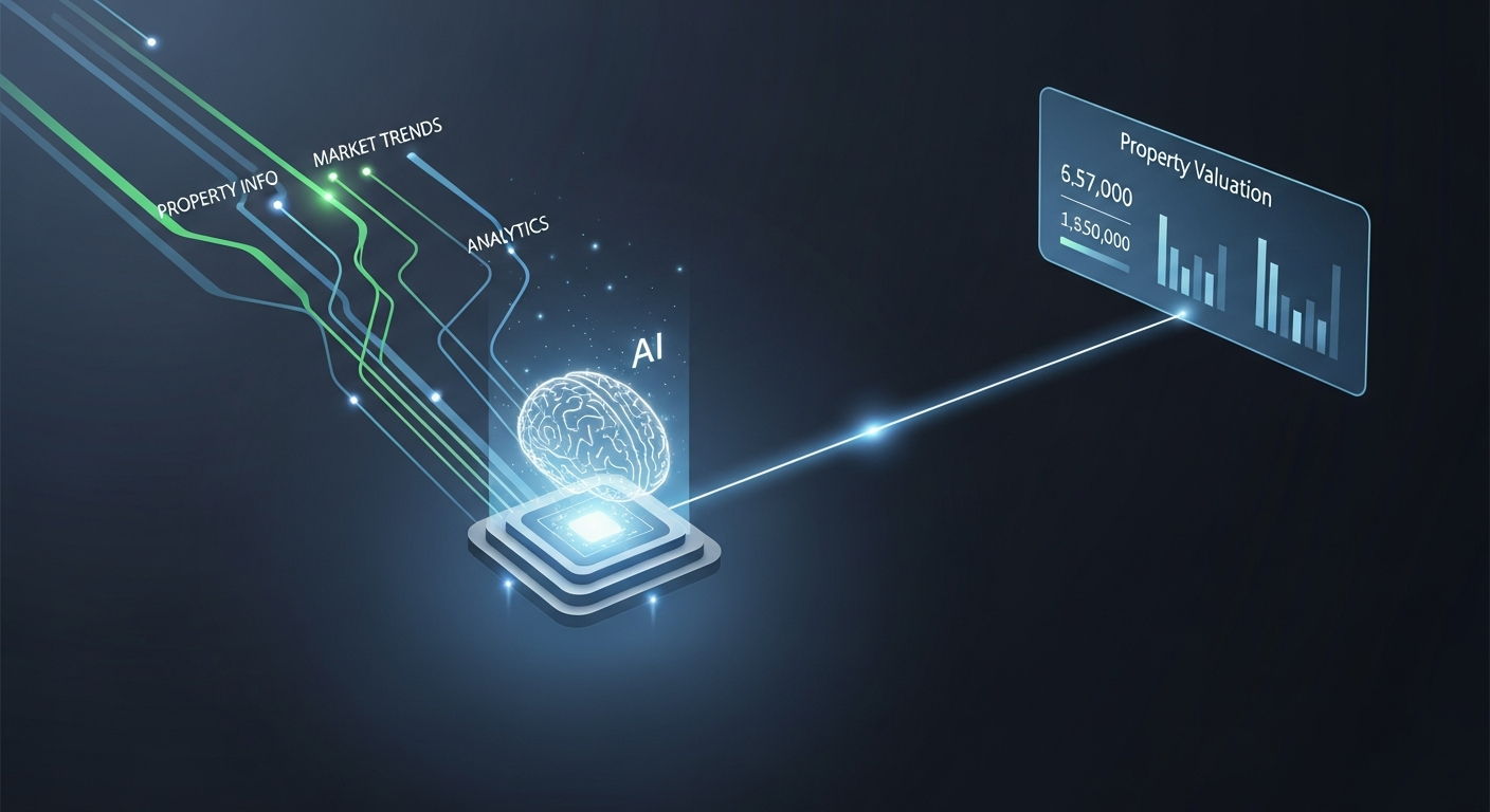 Dashboard showing automated real estate valuations with charts and AI icons, representing speed, accuracy, and trust in property valuation.