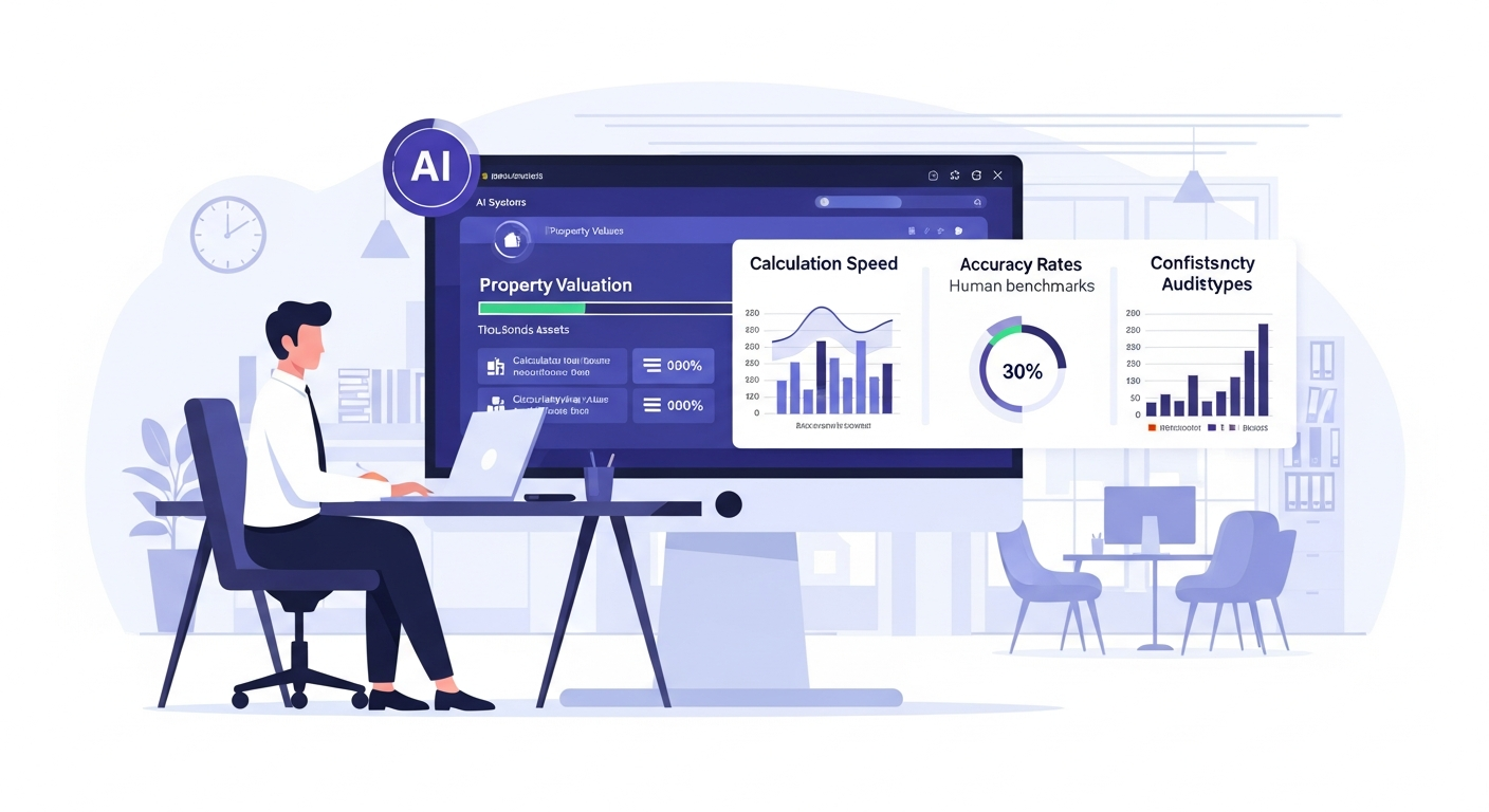 Illustration of data streams flowing into an AI system producing automated property valuations, highlighting automation and decision-making.