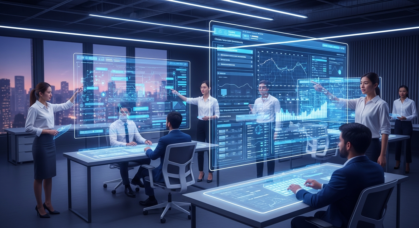 SaaS founders and product managers interacting with holographic AI dashboards showing prompt pipelines, model outputs, and analytics in a futuristic digital workspace