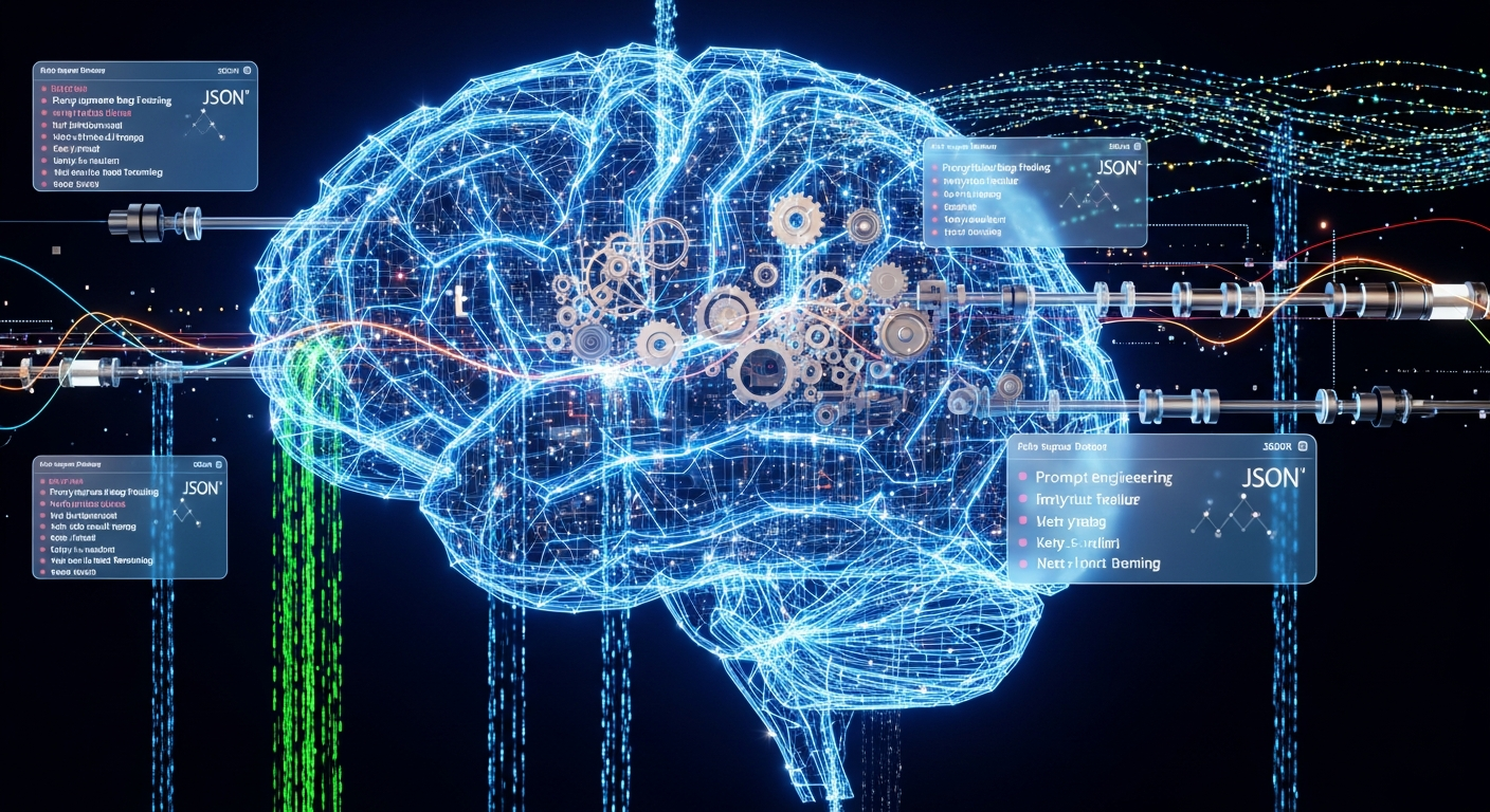 Abstract digital brain with circuits and flowing prompts, illustrating AI prompt engineering, testing, and scalable workflows in a modern futuristic style.