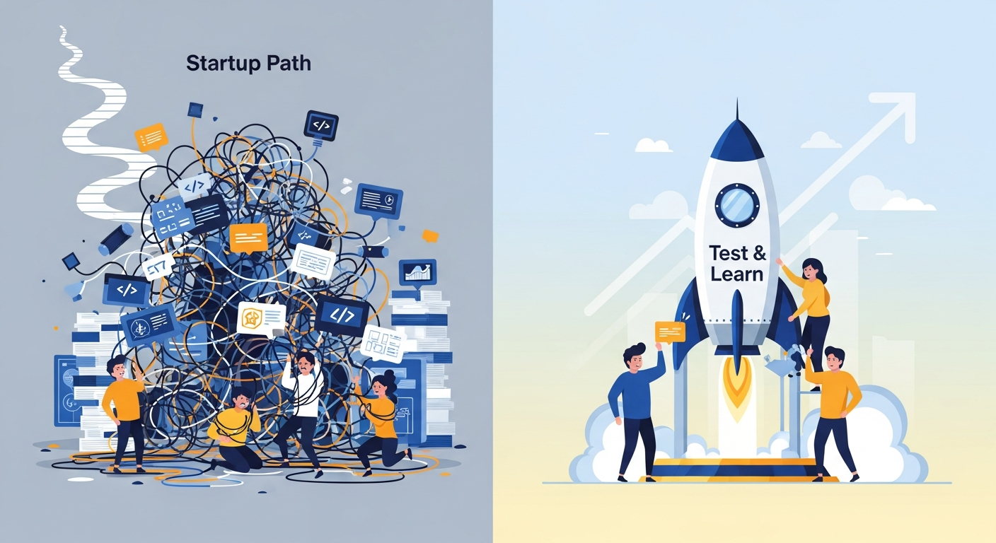 Startup teams comparison showing a complex feature-heavy product versus a focused minimum viable product built to test and learn quickly.