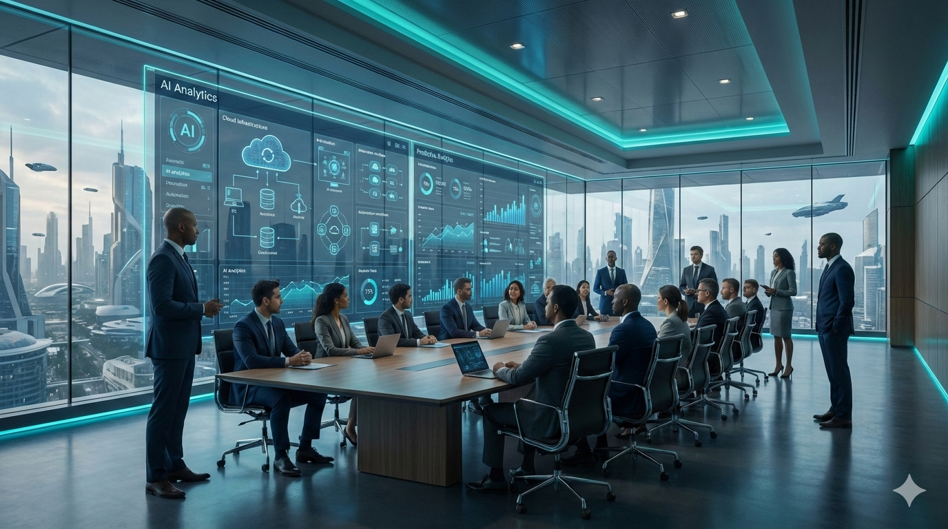 Enterprise executives reviewing AI analytics dashboards and cloud transformation strategy on a large digital screen in a modern boardroom setting.