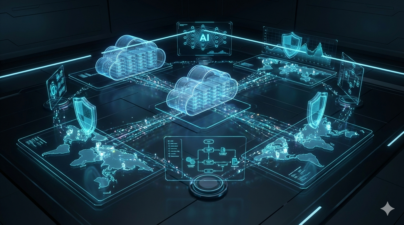 Futuristic digital ecosystem showing interconnected cloud servers, AI systems, cybersecurity layers, and automated enterprise workflows.
