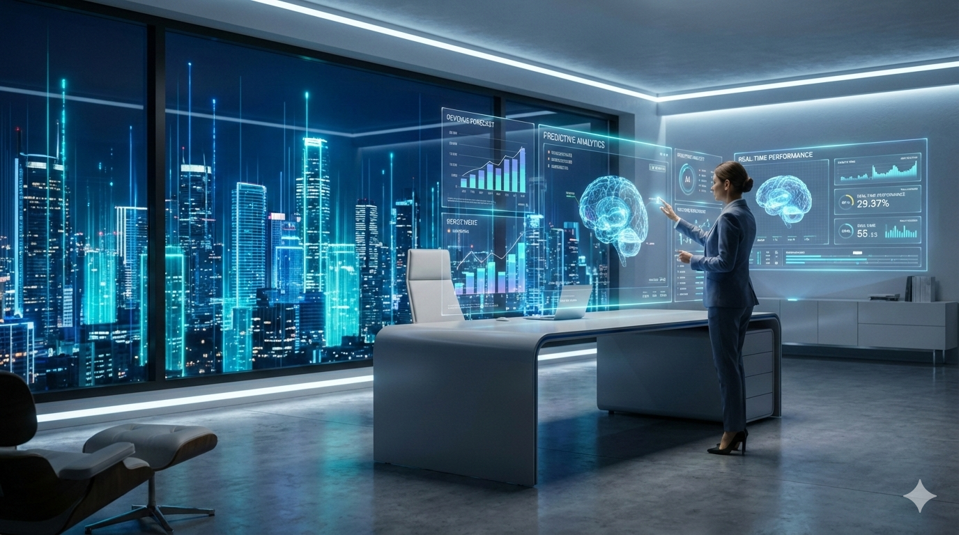 AI-powered business intelligence ecosystem showing predictive analytics, cloud data integration, and executive decision-making dashboards.