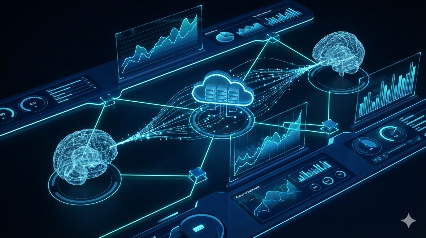 Executive analyzing AI-powered business intelligence dashboards with predictive analytics and real-time enterprise data visualization.