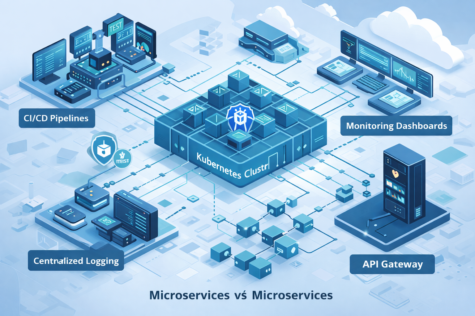 “Microservices architecture running in Kubernetes with CI/CD pipelines, monitoring, and API gateway.”