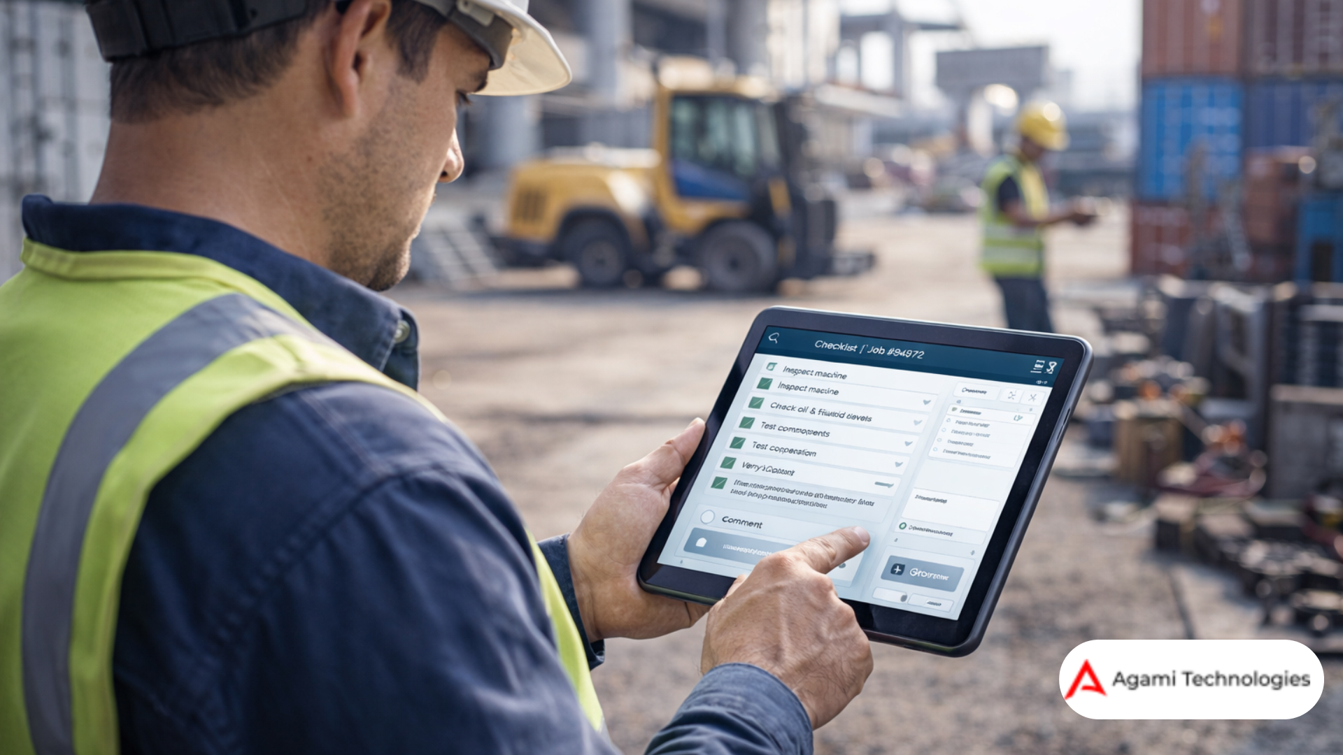 Field technician using enterprise mobile app for task management and data capture