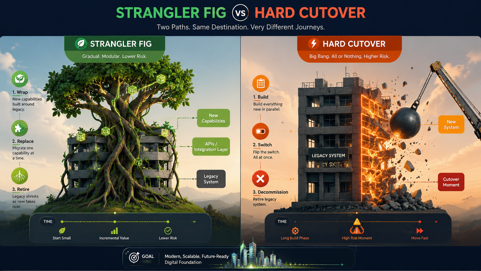 Migration strategies: Strangler fig vs hard cutover