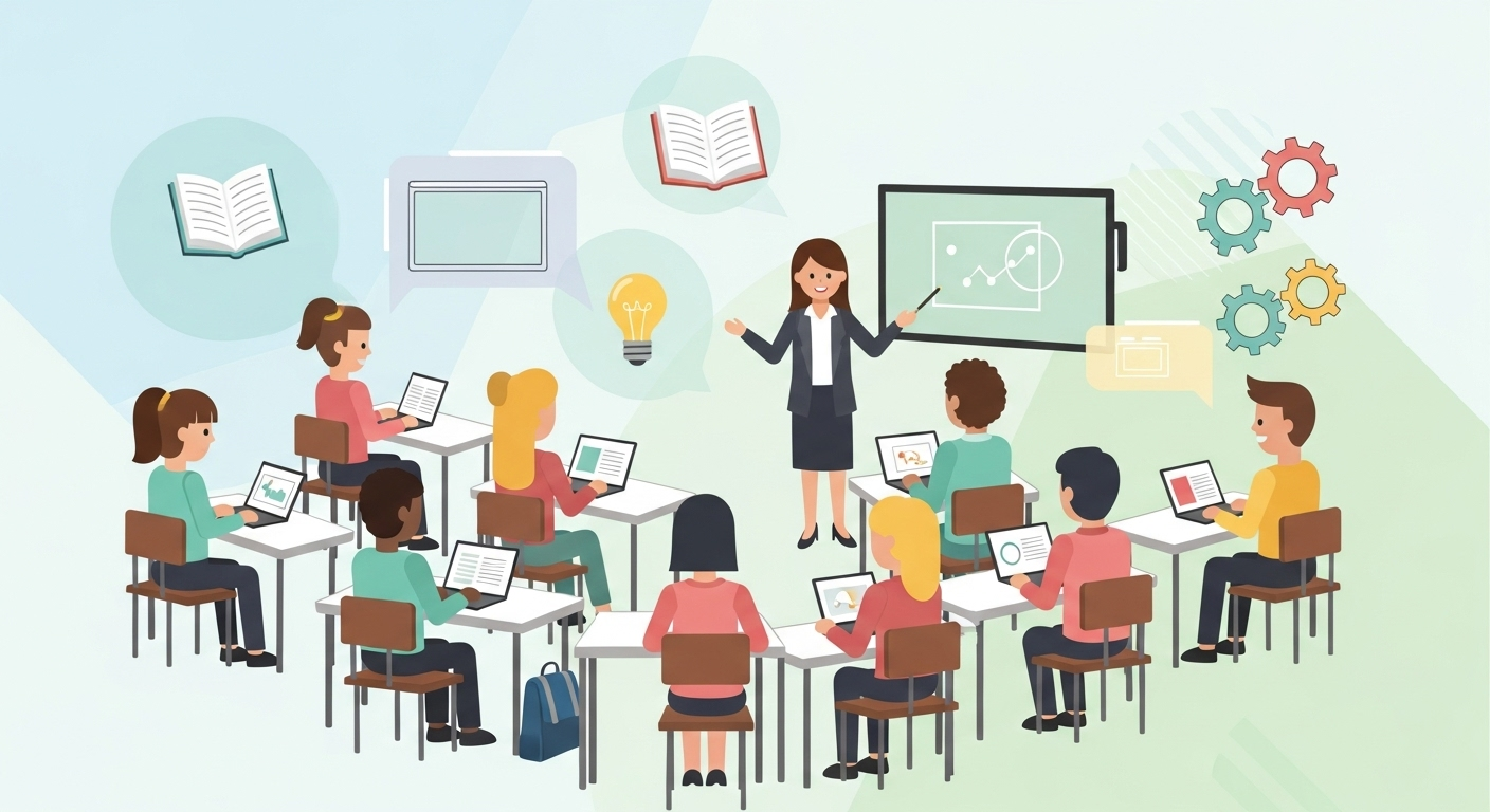 “Illustration of students and teacher using digital and interactive tools in modern education.