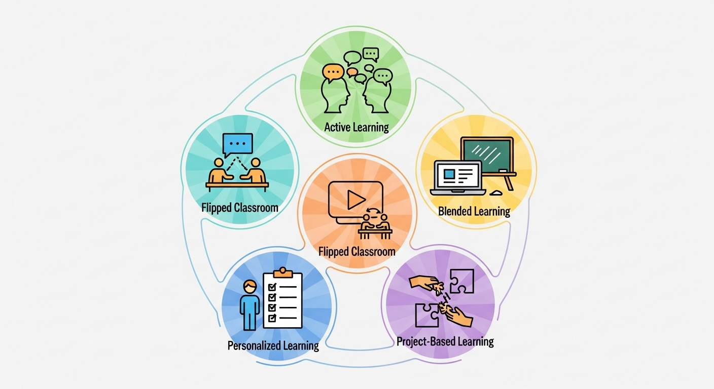 Infographic illustration of modern teaching methods like active learning, blended learning, flipped classrooms, personalized, and project-based learning.