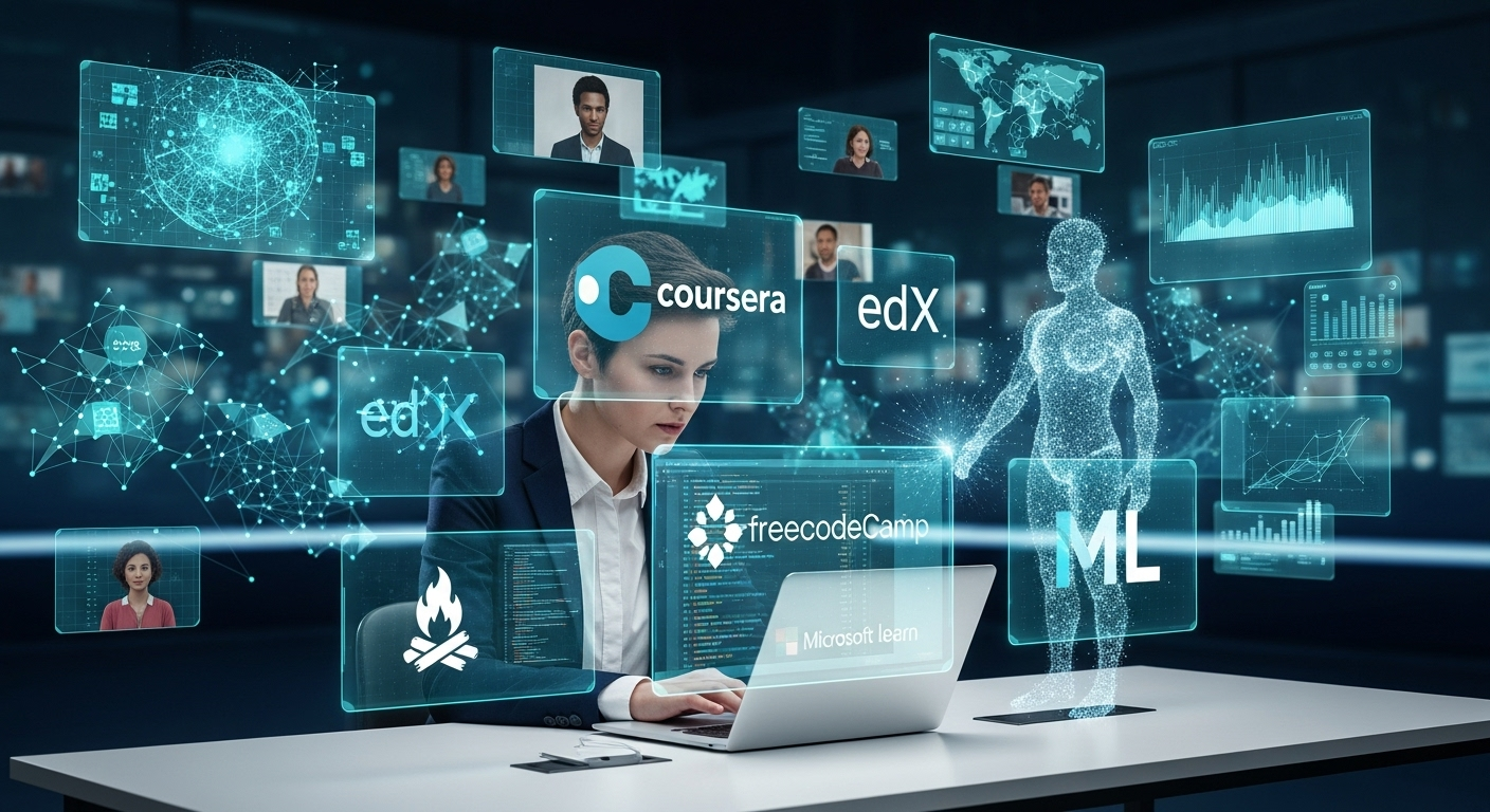 Professional upskilling online in 2025 with futuristic digital learning platforms and holographic study tools