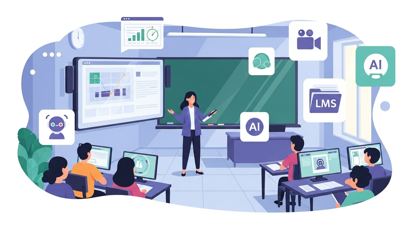 Illustration of a teacher using modern classroom technology with students learning in person and online.