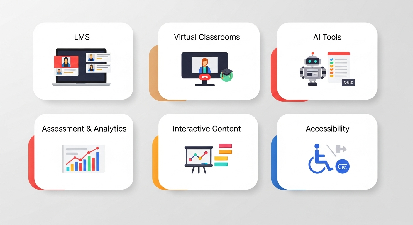 Infographic of future-ready classroom technology categories including LMS, virtual classrooms, AI tools, analytics, interactive content, and accessibility.