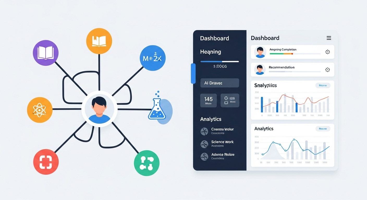 Adaptive digital learning pathways showing student progress and personalized education with AI technology