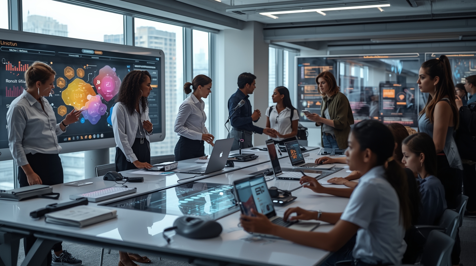 Teachers using AI-powered technology tools in a modern classroom