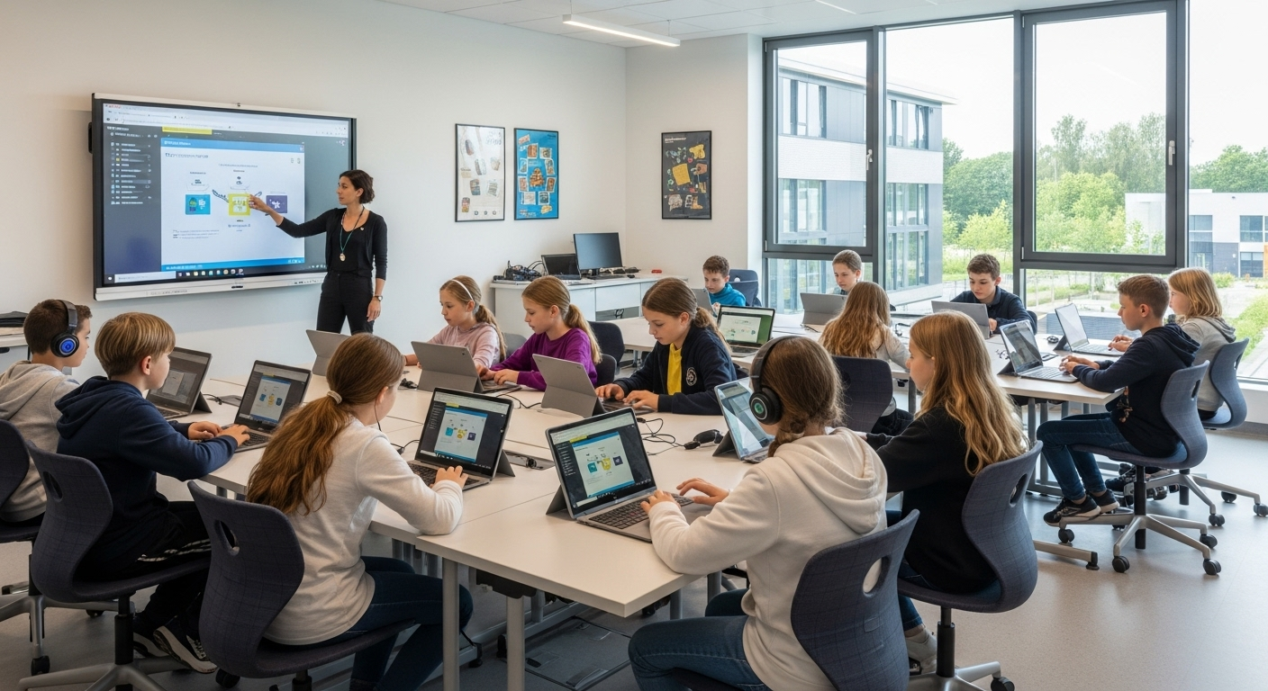 Students using an e-learning portal in a digital classroom