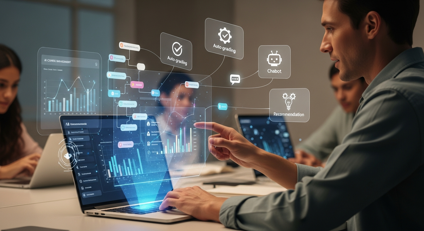 Educator using AI-driven course management system with adaptive learning and analytics features