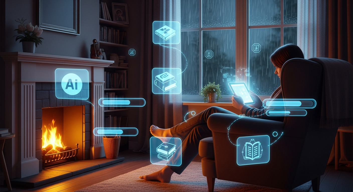 Person reading on a tablet by the fireplace with rain outside, symbolizing calm AI-powered learning