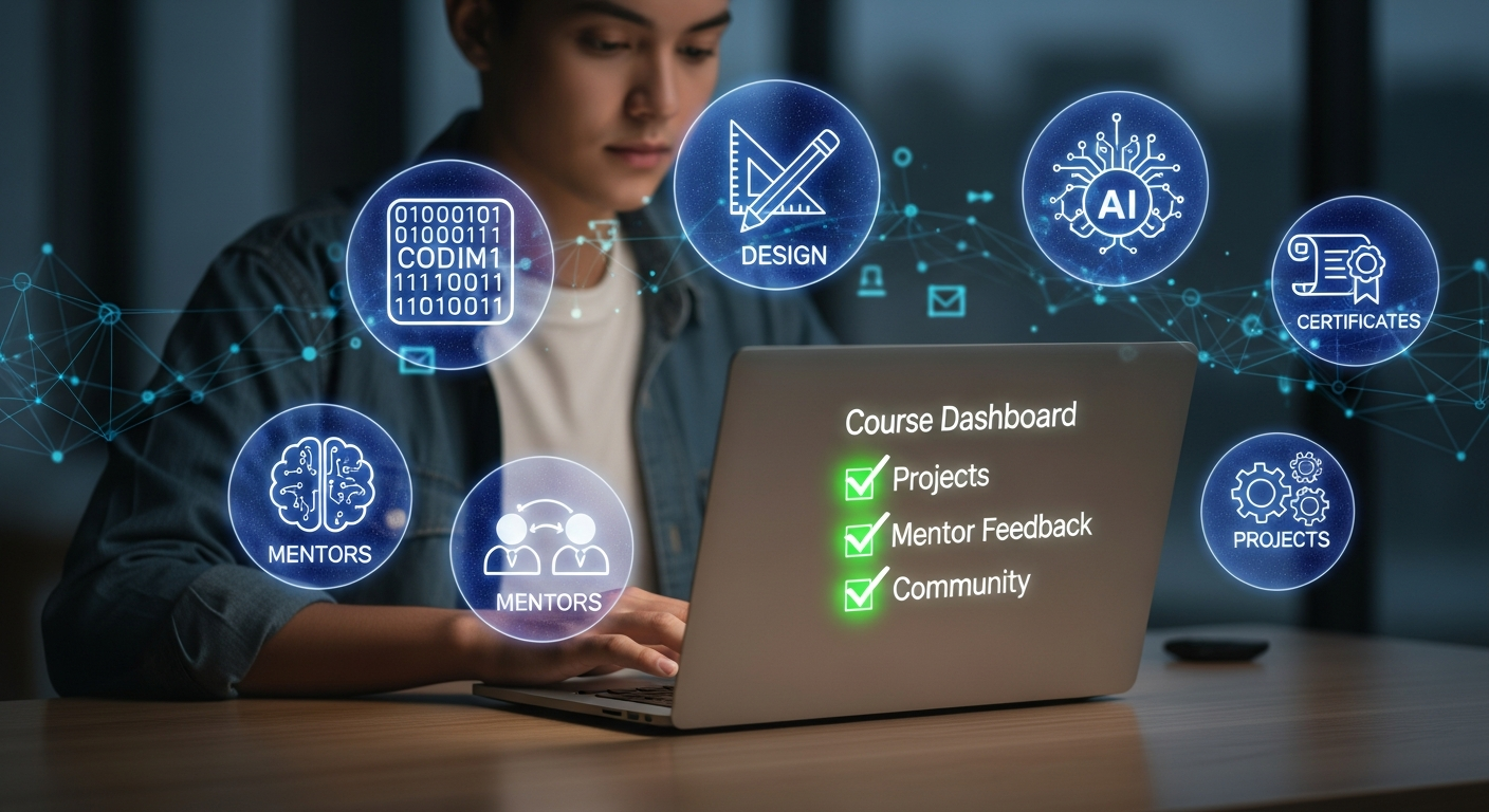 Student comparing online courses with checklist of projects, feedback, and community support