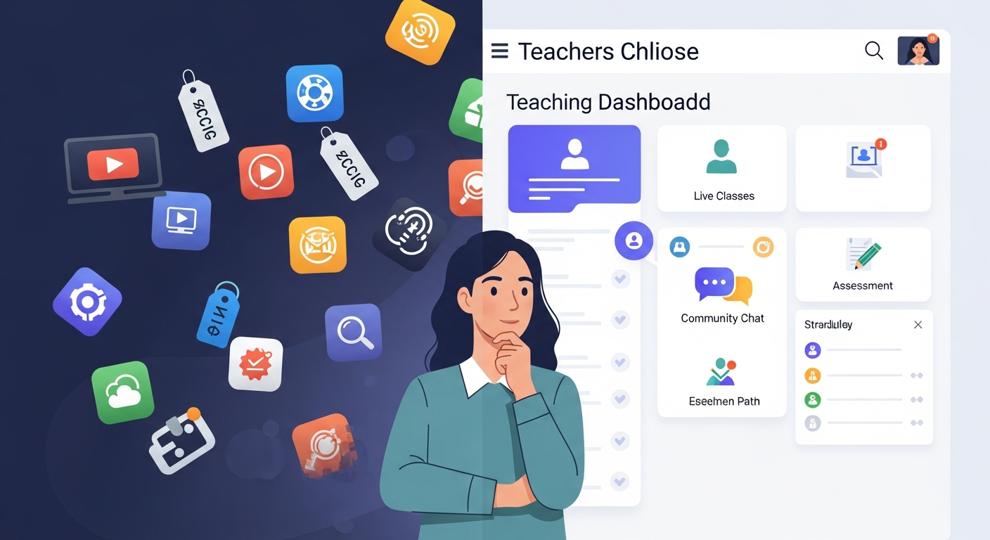 teacher choosing the right online teaching platform with clear and cluttered options side by side