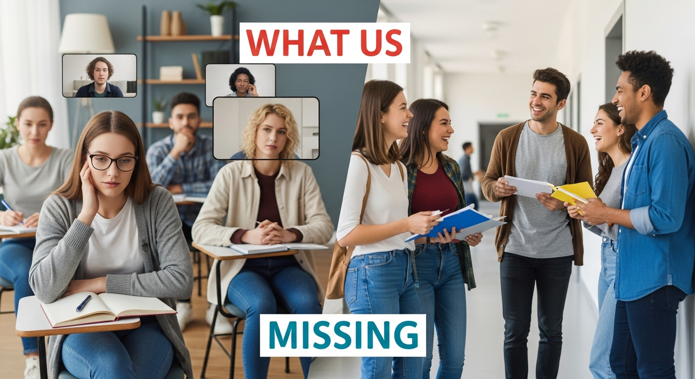 Students attending an online class on their laptops with a contrasting scene of offline hallway conversations to show the loss of social interaction in online education