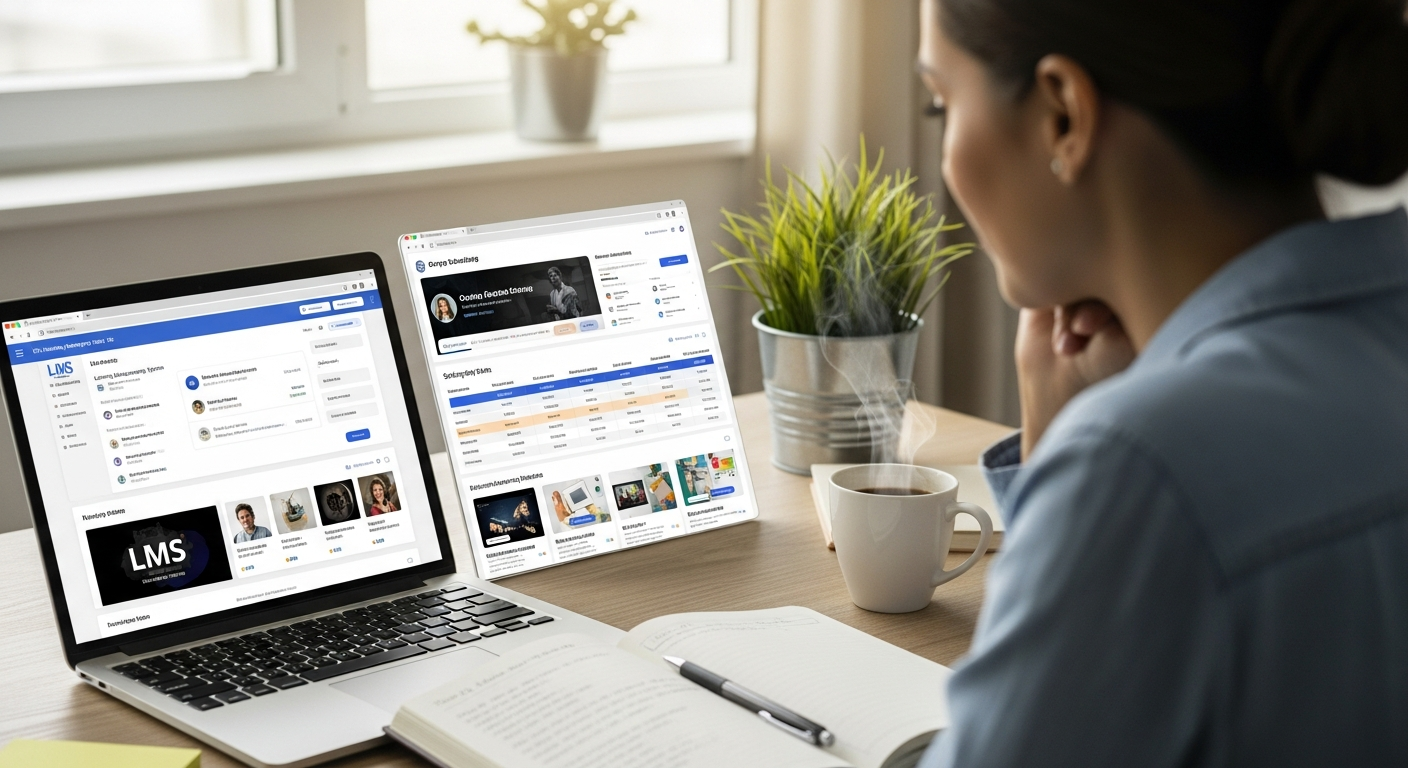teacher reviewing online teaching platforms on laptop