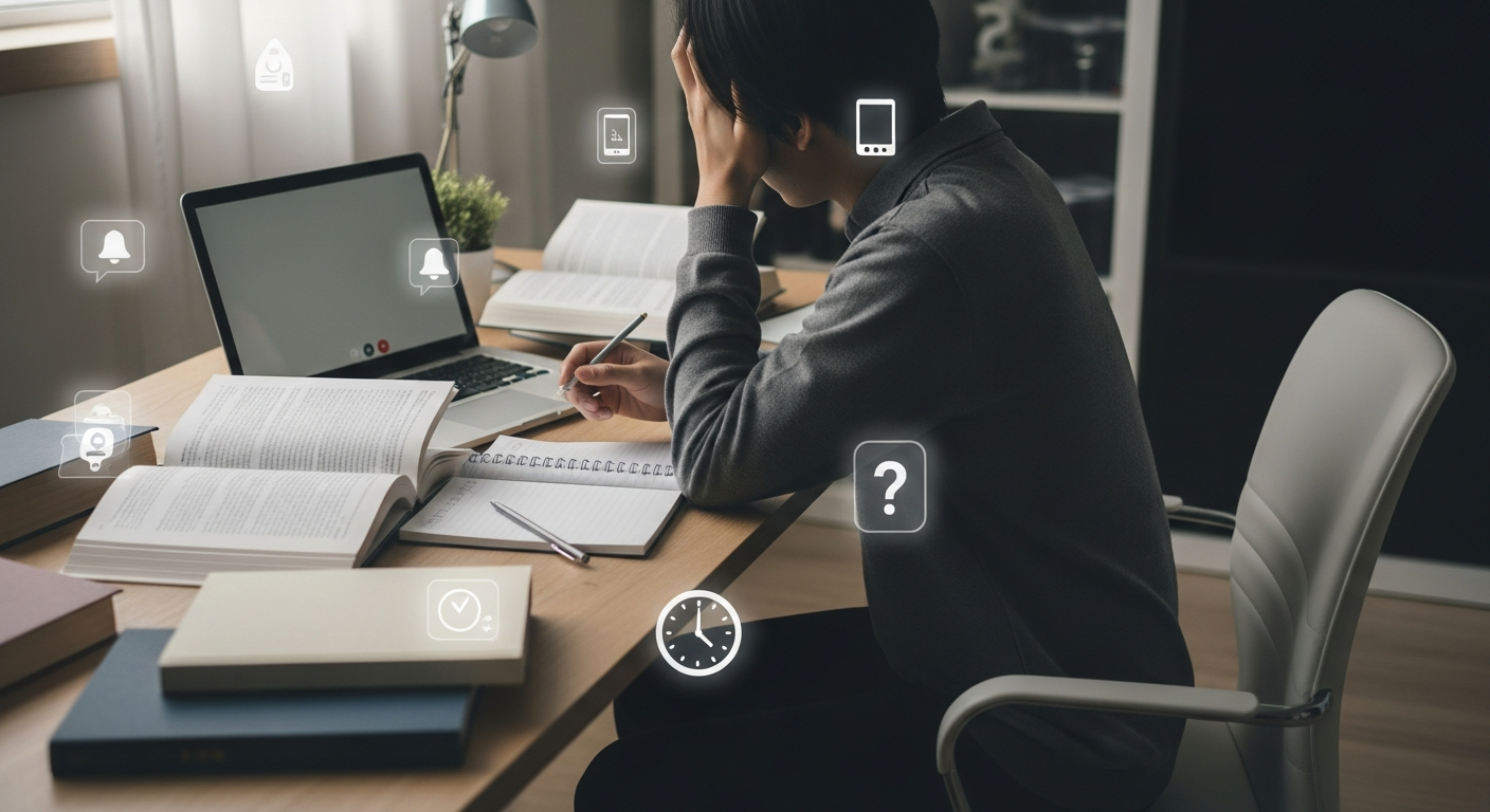 student at home desk looking overwhelmed by online learning distractions