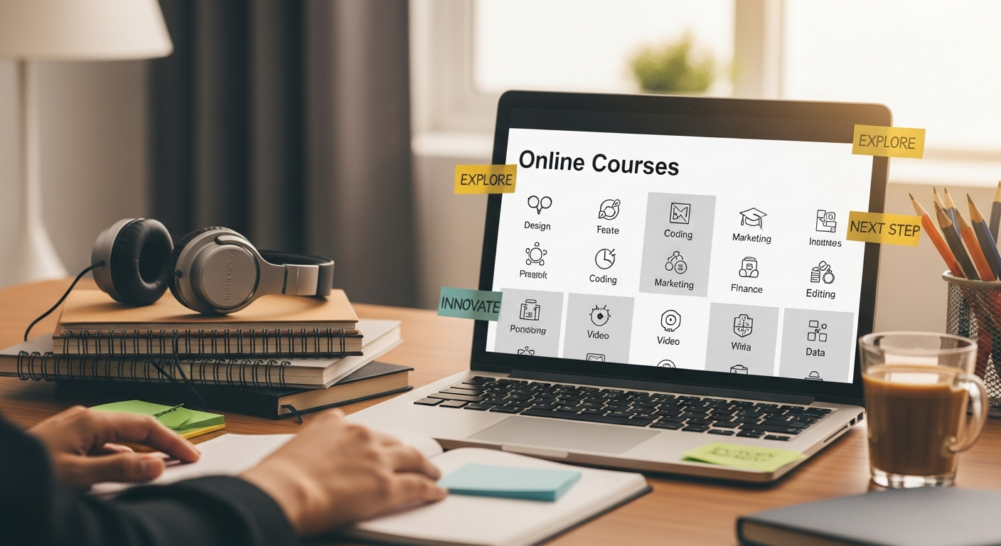 A study desk with a laptop showing diverse online courses.